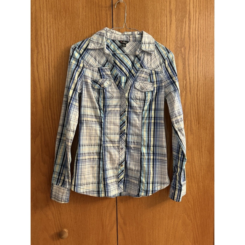 VTG Guess Shirt Wms Sz S Blue White Plaid Western Snap Long Sleeve Button Up Y2K